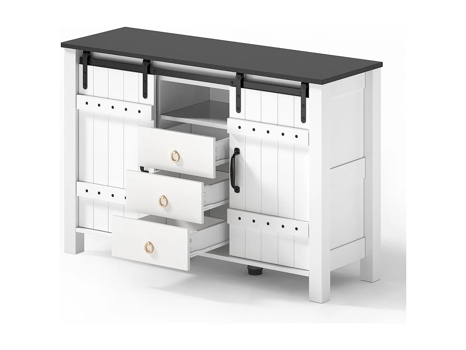 Buffet blanc - Buffet avec 2 portes coulissantes et 3 tiroirs - rangement ouvert - pour salle à manger et salon