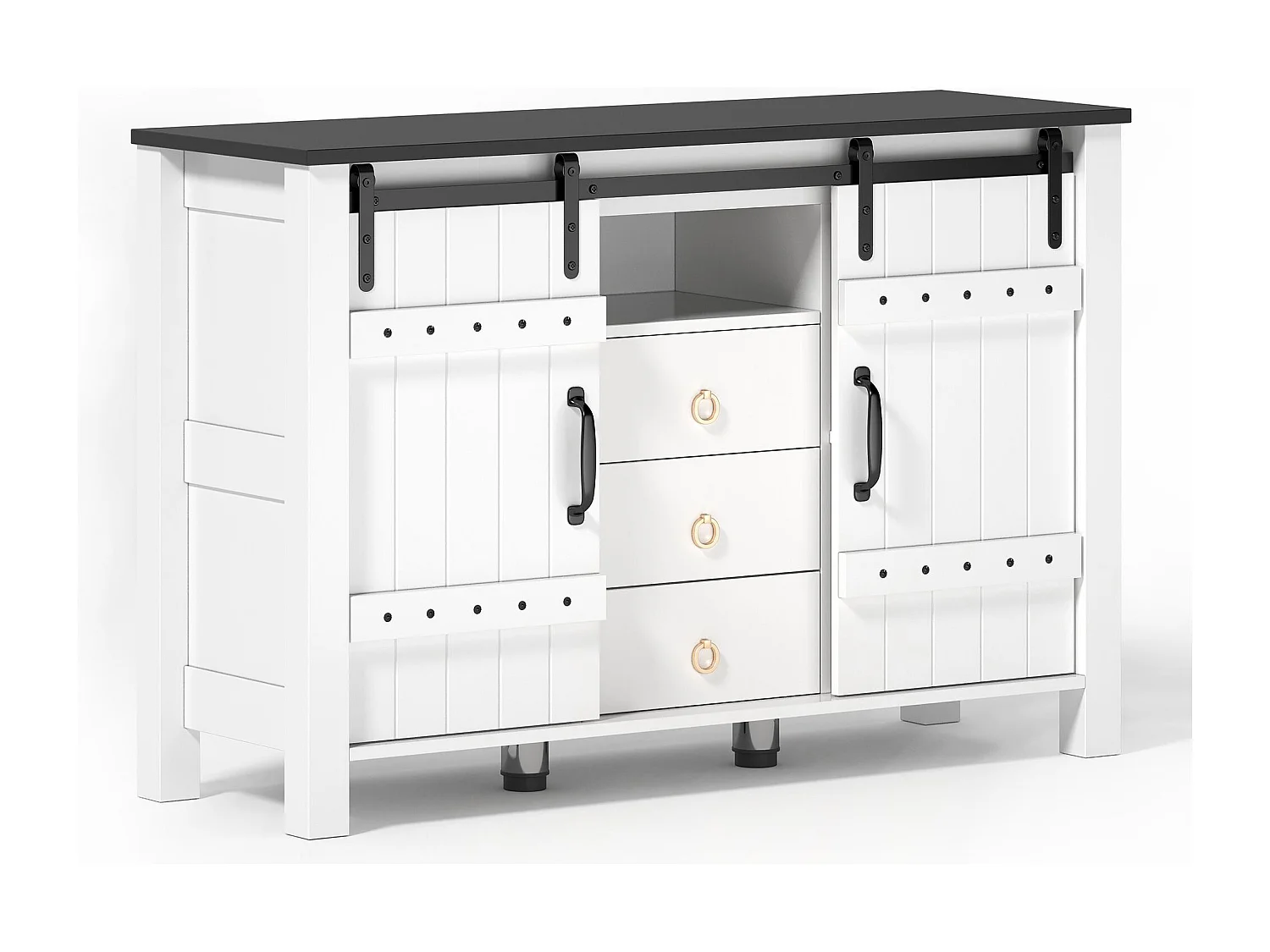 Buffet blanc - Buffet avec 2 portes coulissantes et 3 tiroirs - rangement ouvert - pour salle à manger et salon