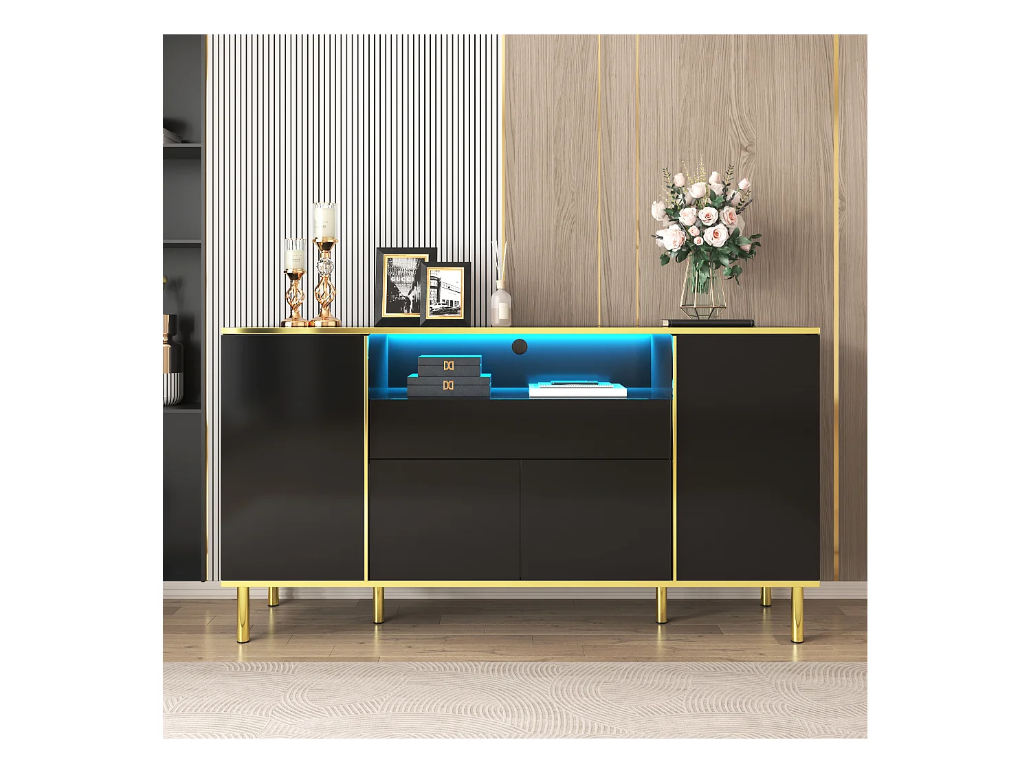 Buffet noir - Buffet avec 1 tiroir et 4 portes - rangement ouvert