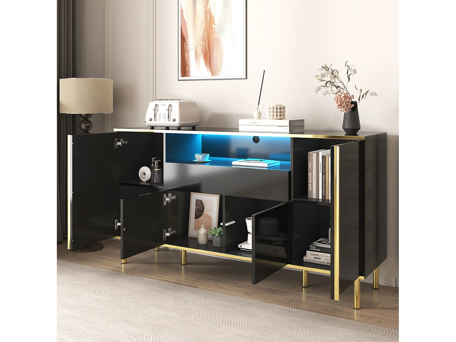 Buffet noir - Buffet avec 1 tiroir et 4 portes - rangement ouvert