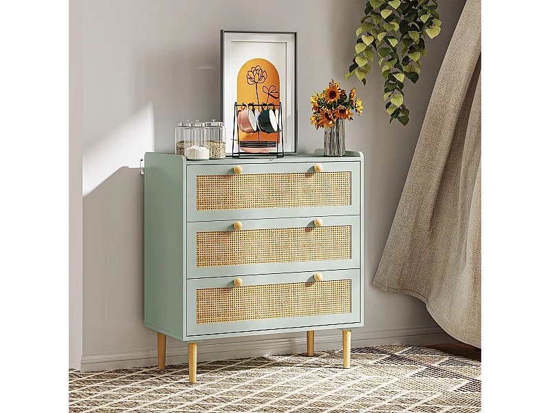 Buffet bleu - Buffet avec 3 tiroirs et quatre pieds antidérapants - aspect rotin - pour salon et chambre