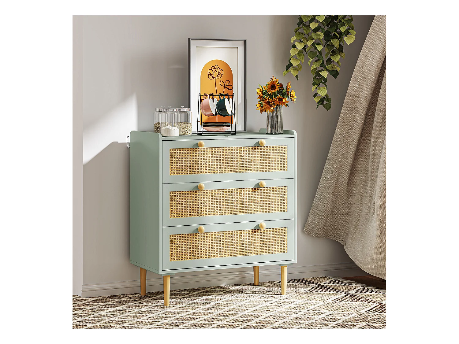 Buffet bleu - Buffet avec 3 tiroirs et quatre pieds antidérapants - aspect rotin - pour salon et chambre