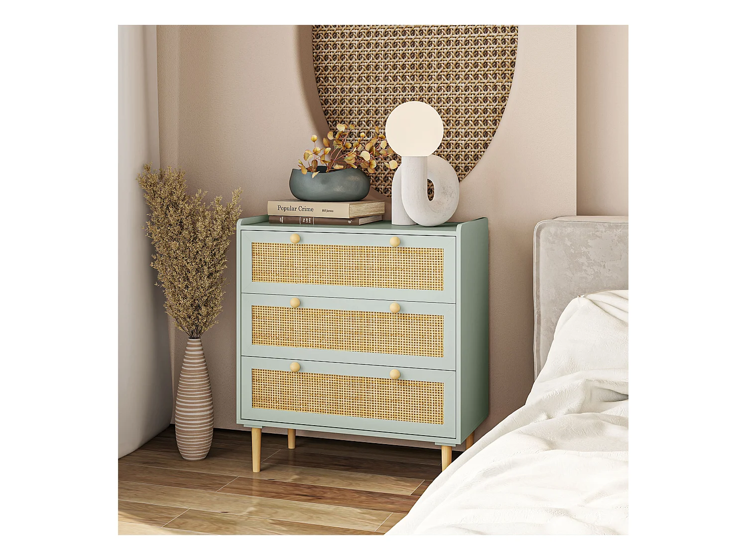 Buffet bleu - Buffet avec 3 tiroirs et quatre pieds antidérapants - aspect rotin - pour salon et chambre