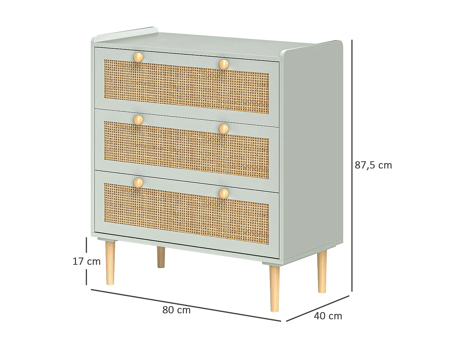 Blauwe dressoir - Dressoir met 3 lades en vier antislipvoetjes - rotanlook - voor woonkamer en slaapkamer