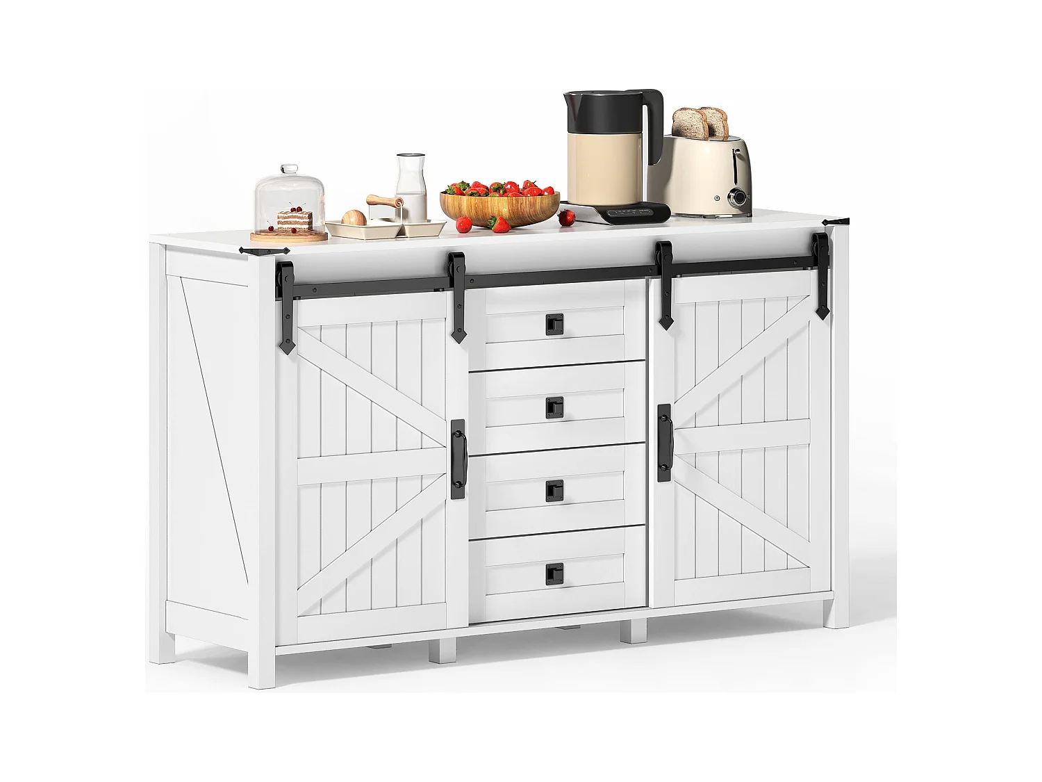 Buffet blanc - Buffet avec 2 portes coulissantes et 4 tiroirs - pour salle à manger et salon