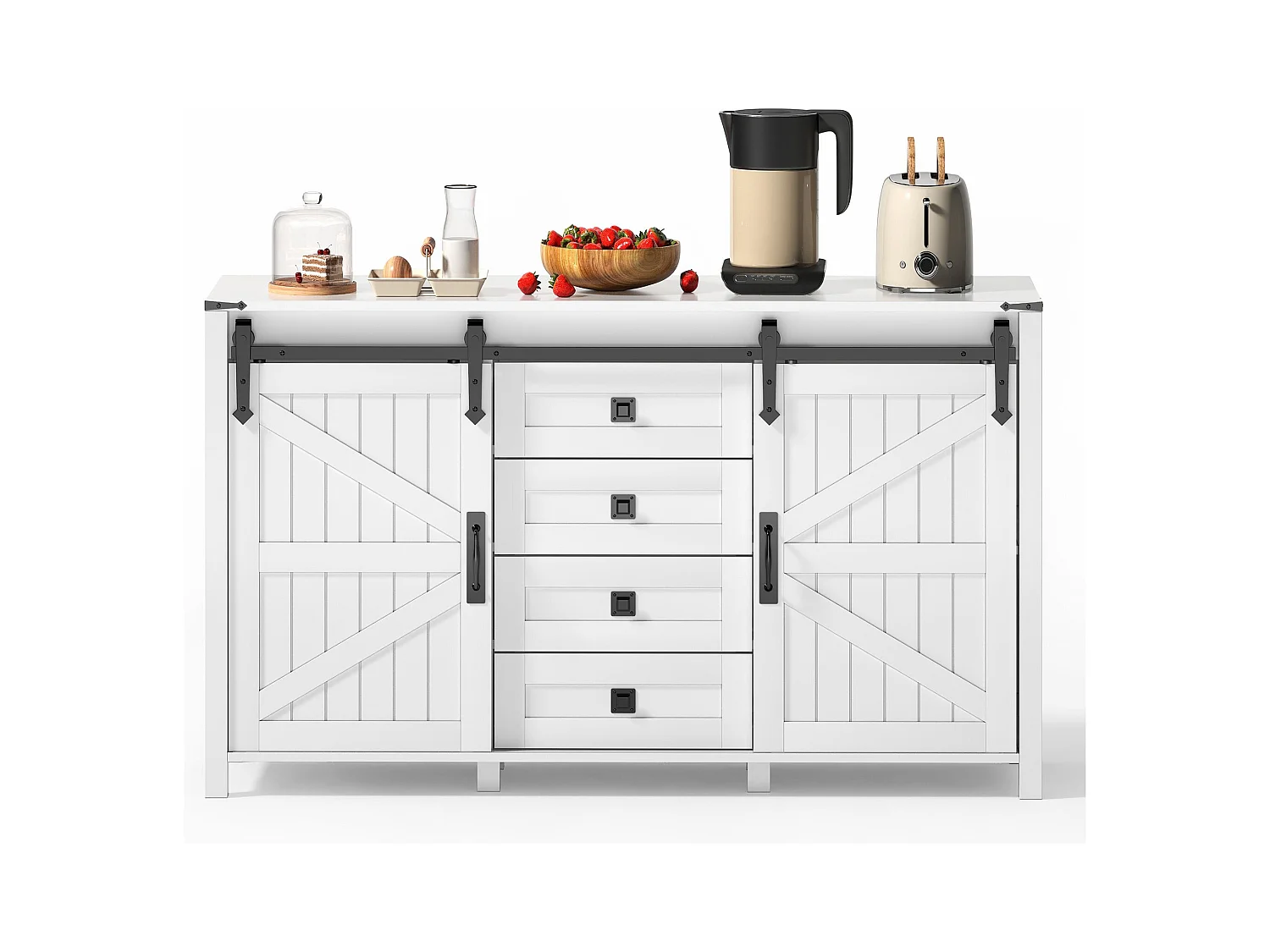 Buffet blanc - Buffet avec 2 portes coulissantes et 4 tiroirs - pour salle à manger et salon