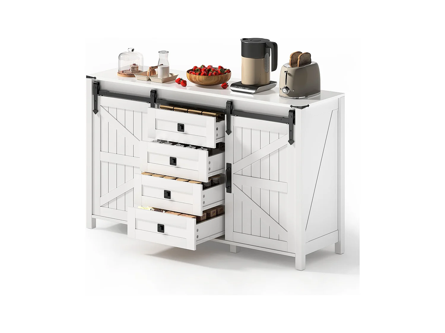 Buffet blanc - Buffet avec 2 portes coulissantes et 4 tiroirs - pour salle à manger et salon