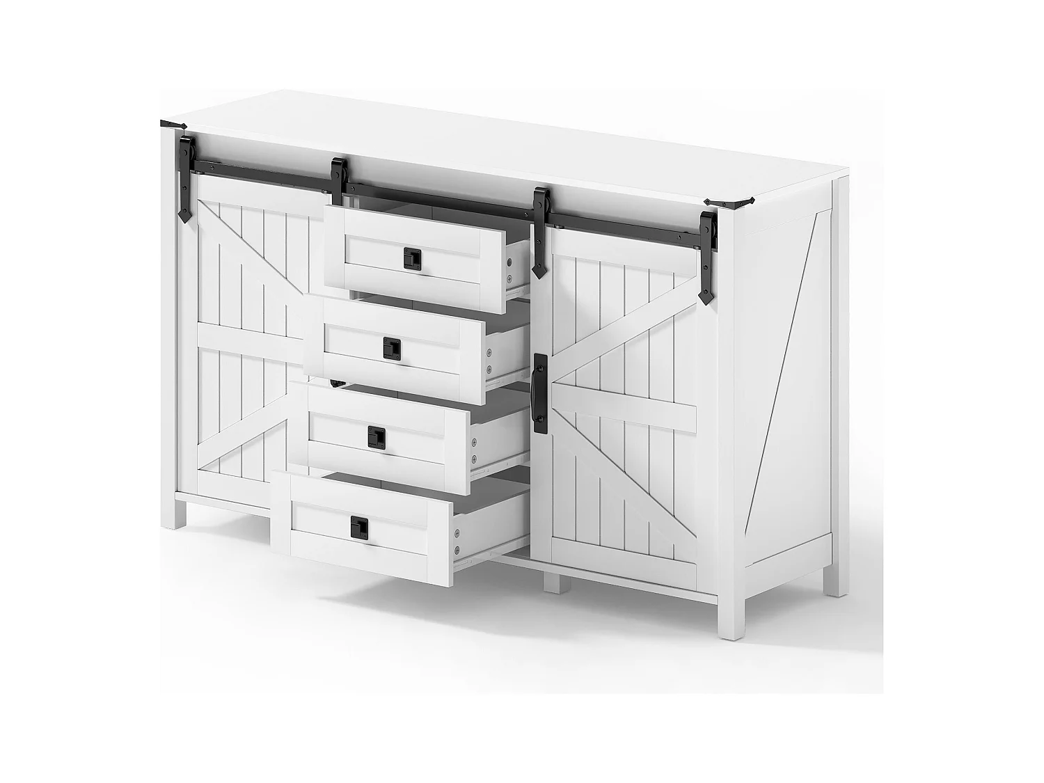 Buffet blanc - Buffet avec 2 portes coulissantes et 4 tiroirs - pour salle à manger et salon