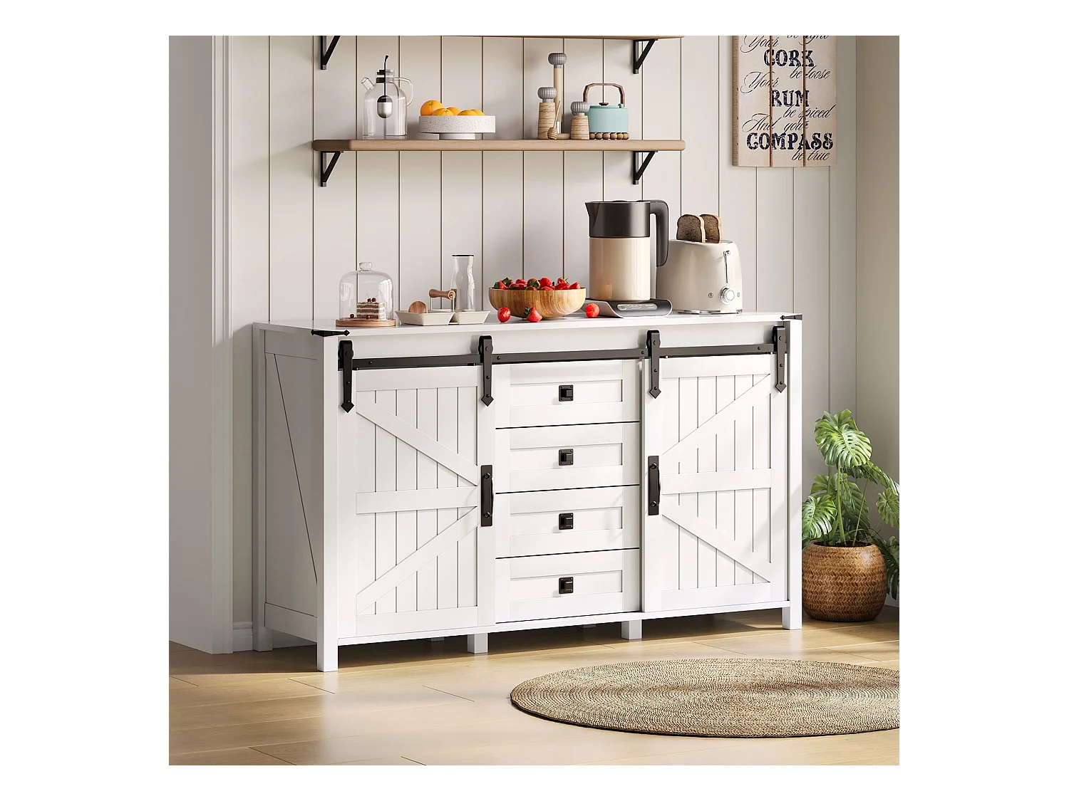 Buffet blanc - Buffet avec 2 portes coulissantes et 4 tiroirs - pour salle à manger et salon