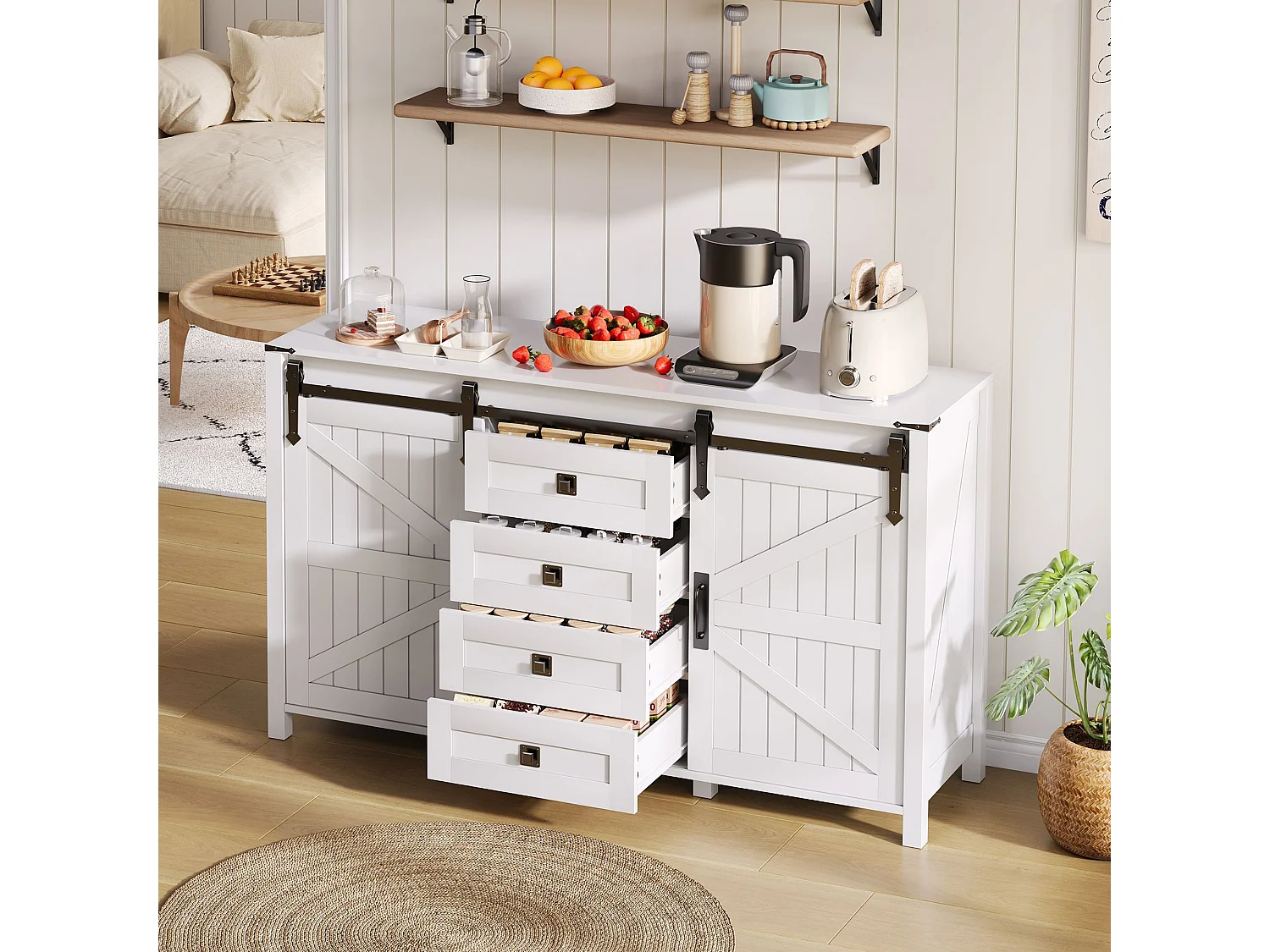 Buffet blanc - Buffet avec 2 portes coulissantes et 4 tiroirs - pour salle à manger et salon