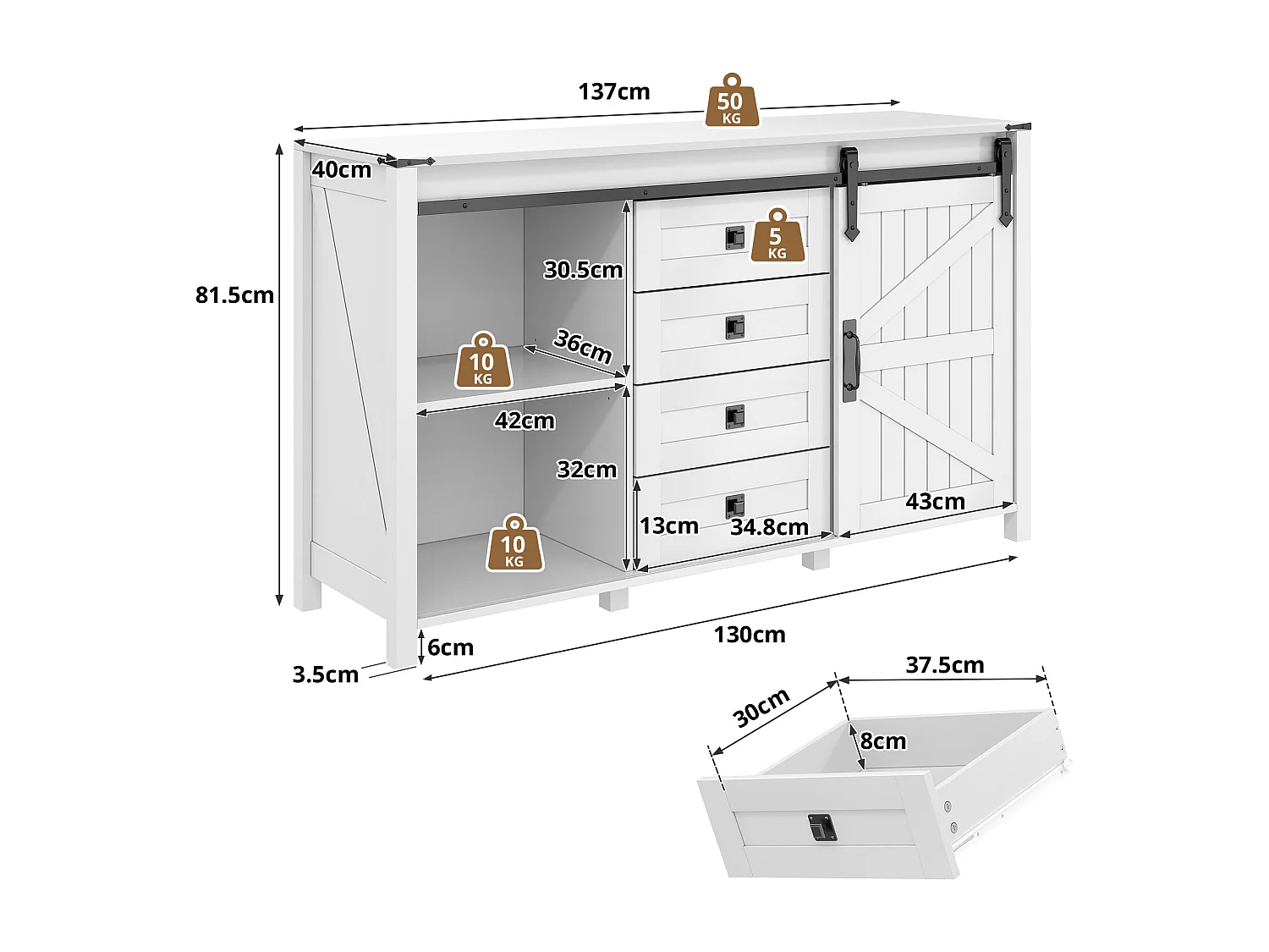Buffet blanc - Buffet avec 2 portes coulissantes et 4 tiroirs - pour salle à manger et salon