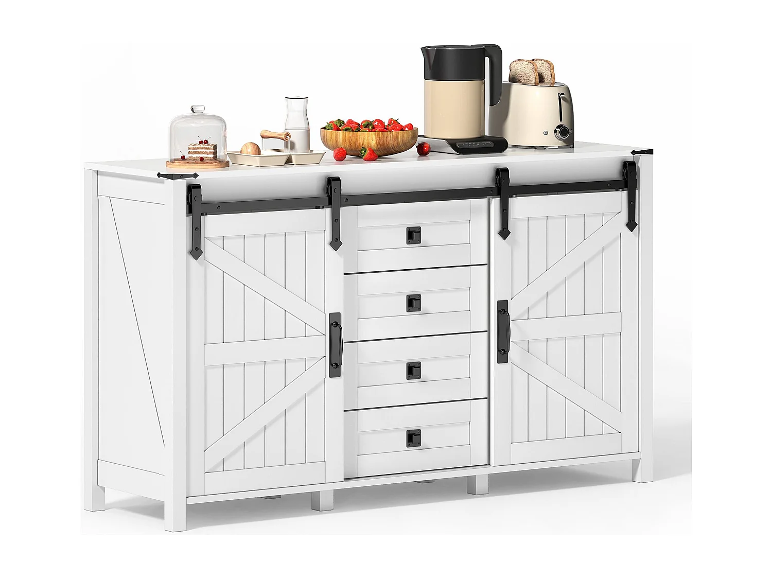 Buffet blanc - Buffet avec 2 portes coulissantes et 4 tiroirs - pour salle à manger et salon