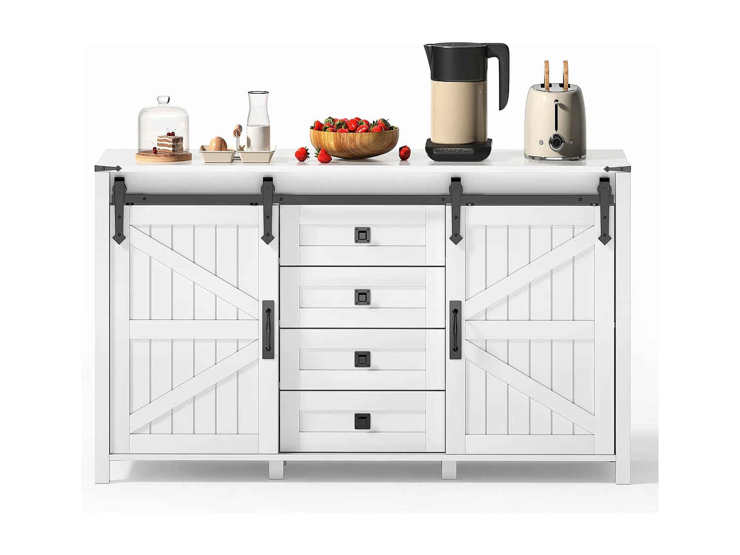 Buffet blanc - Buffet avec 2 portes coulissantes et 4 tiroirs - pour salle à manger et salon