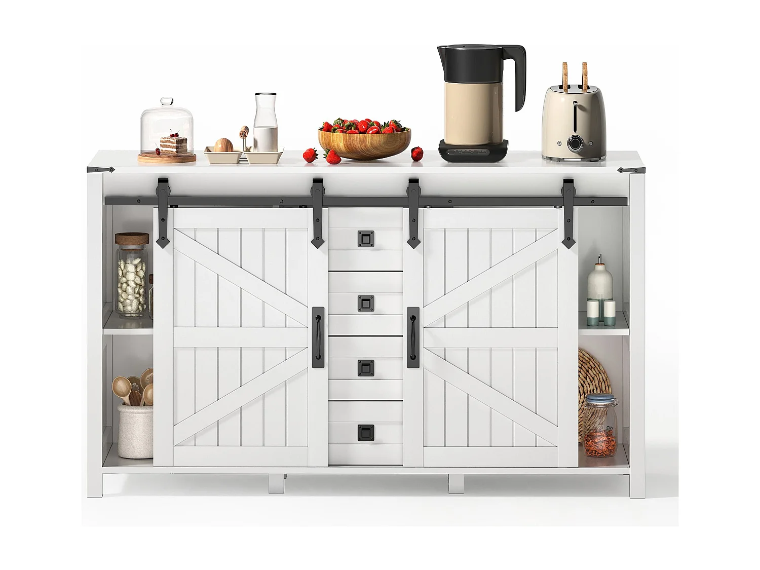 Buffet blanc - Buffet avec 2 portes coulissantes et 4 tiroirs - pour salle à manger et salon