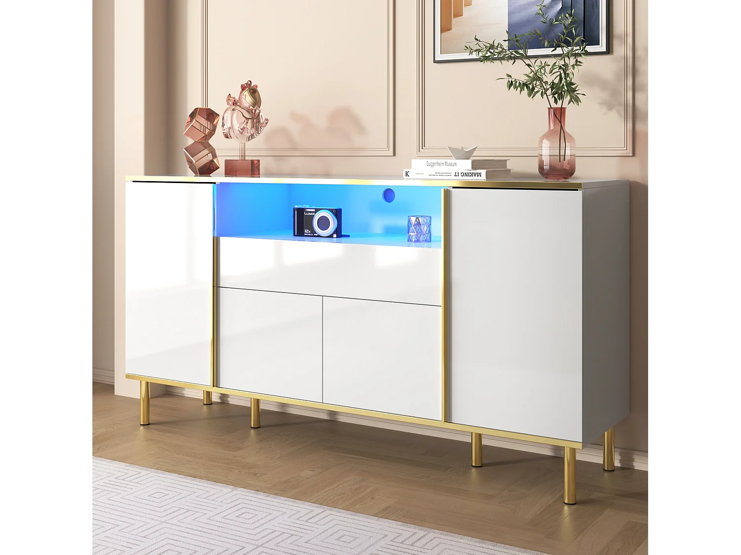 Buffet 1 tiroir et 4 portes - Buffet blanc -rangement ouvert - pour salon et salle à manger