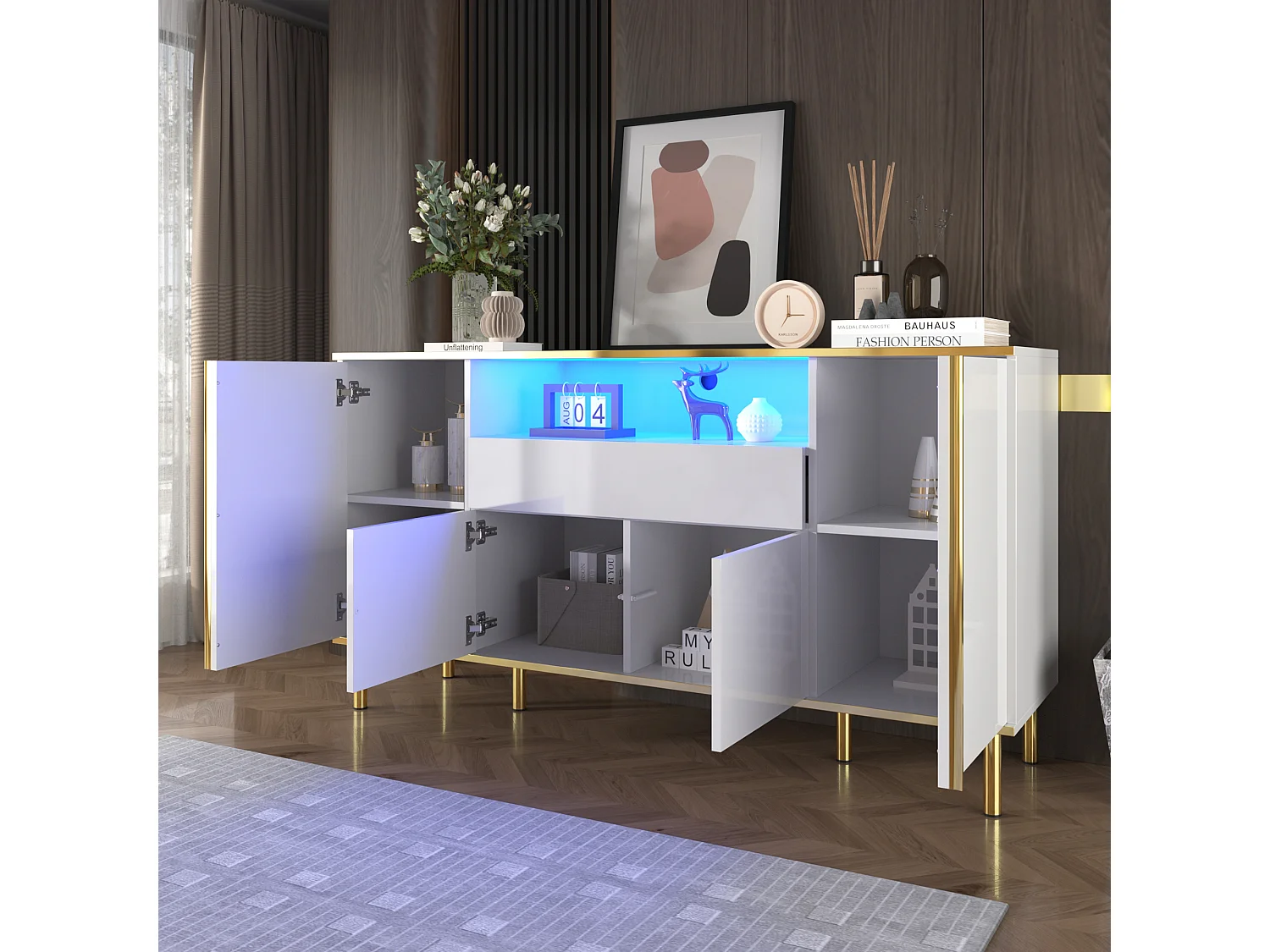 Buffet 1 tiroir et 4 portes - Buffet blanc -rangement ouvert - pour salon et salle à manger