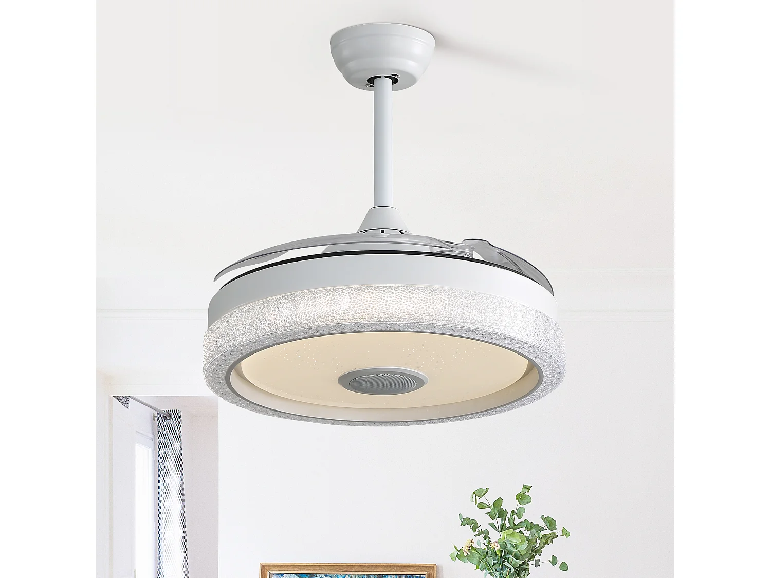 Ventilateur de plafond blanc 2 pouces – Ventilateur de plafond avec éclairage LED et lecteur de musique Bluetooth – pour salon et chambre