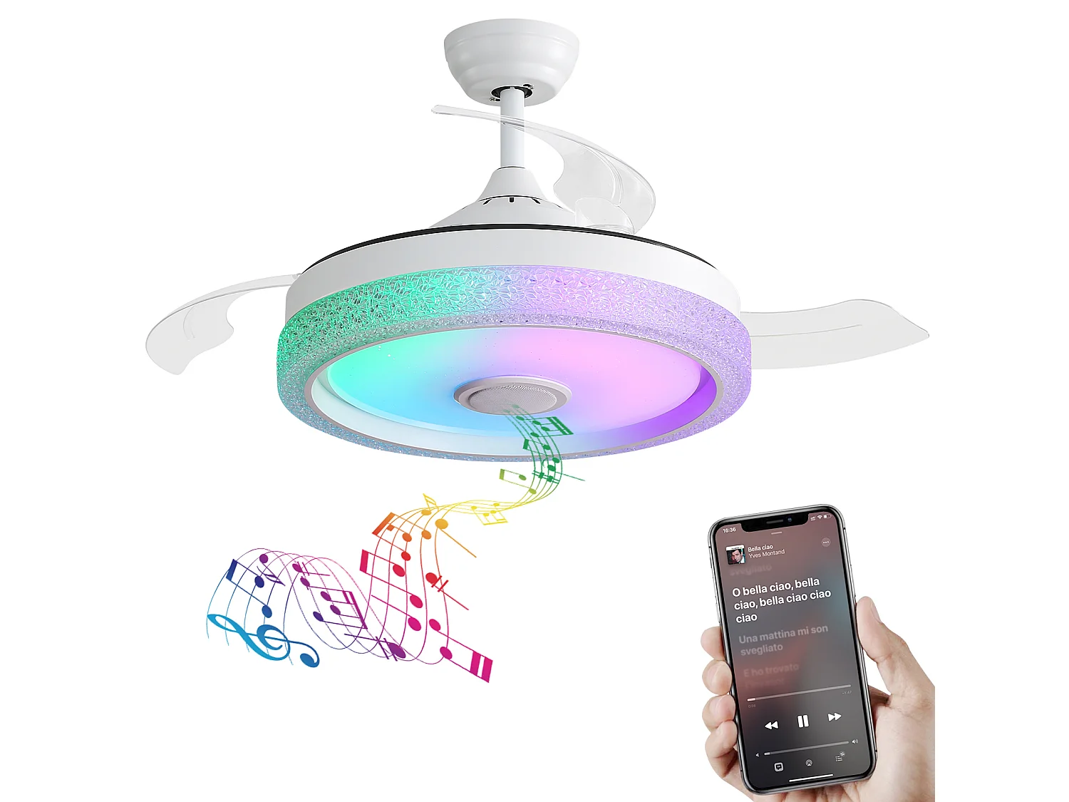 Ventilateur de plafond blanc 2 pouces – Ventilateur de plafond avec éclairage LED et lecteur de musique Bluetooth – pour salon et chambre