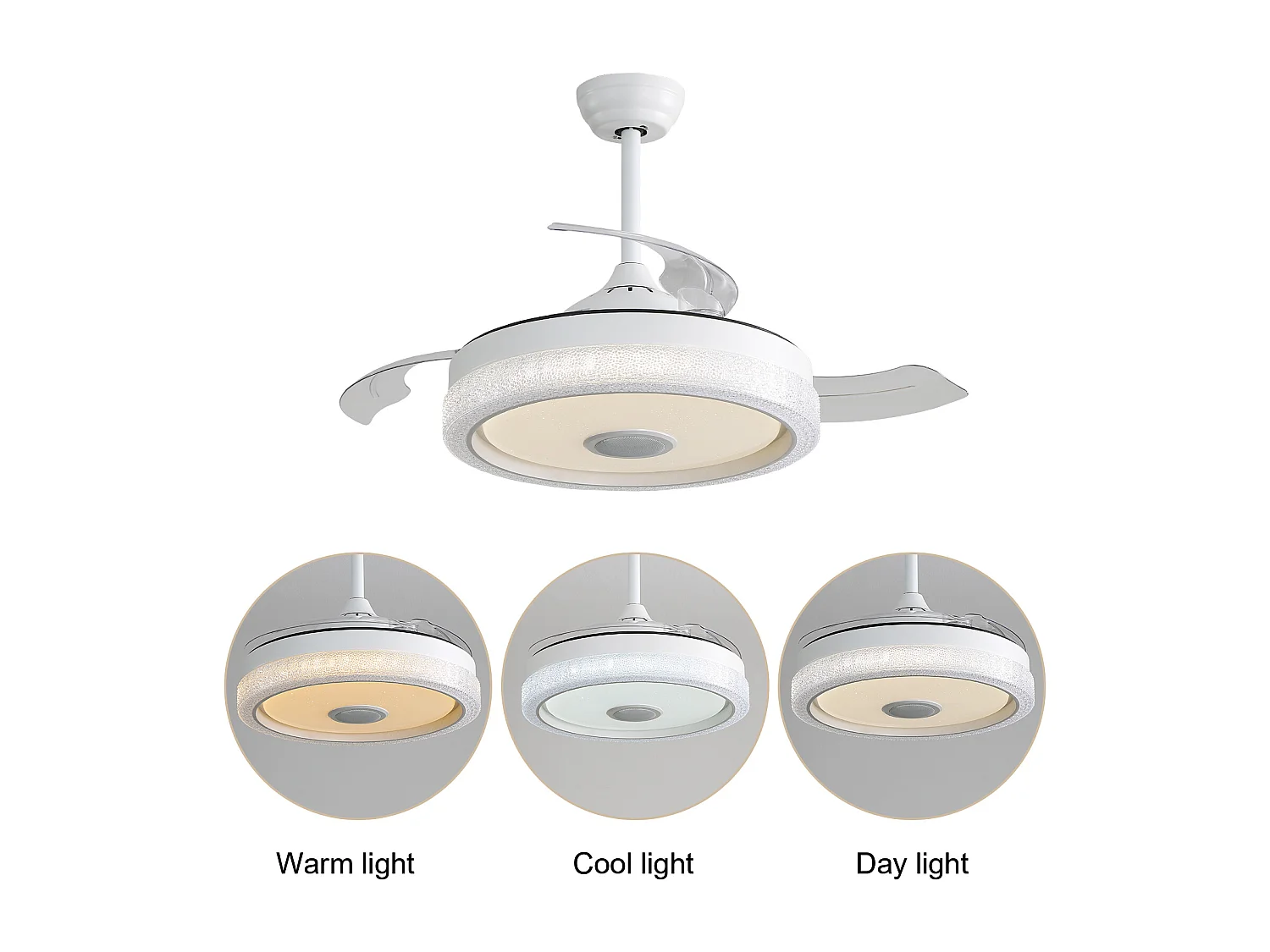 Ventilateur de plafond blanc 2 pouces – Ventilateur de plafond avec éclairage LED et lecteur de musique Bluetooth – pour salon et chambre