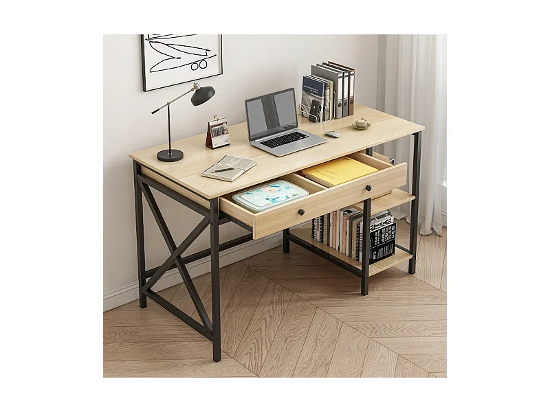 BUREAU INFORMATIQUE LOFT INDUSTRIEL TIROIR ÉTAGÈRES CHÊNE CLAIR SCANDINAVE