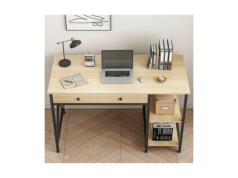 BUREAU INFORMATIQUE LOFT INDUSTRIEL TIROIR ÉTAGÈRES CHÊNE CLAIR SCANDINAVE