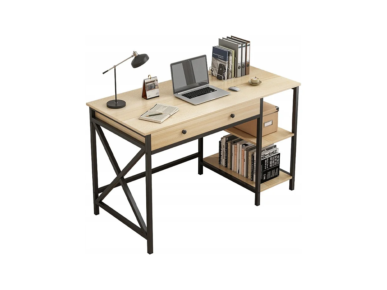 BUREAU INFORMATIQUE LOFT INDUSTRIEL TIROIR ÉTAGÈRES CHÊNE CLAIR SCANDINAVE