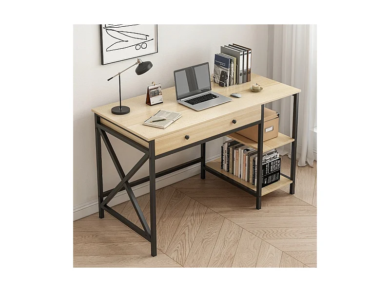 BUREAU INFORMATIQUE LOFT INDUSTRIEL TIROIR ÉTAGÈRES CHÊNE CLAIR SCANDINAVE