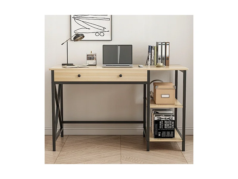 BUREAU INFORMATIQUE LOFT INDUSTRIEL TIROIR ÉTAGÈRES CHÊNE CLAIR SCANDINAVE