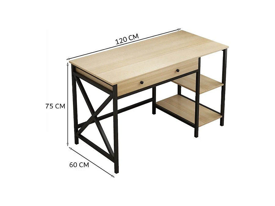 BUREAU INFORMATIQUE LOFT INDUSTRIEL TIROIR ÉTAGÈRES CHÊNE CLAIR SCANDINAVE