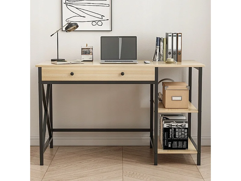 COMPUTER-SCHREIBTISCH LOFT INDUSTRIELL SCHUBLADE REGALE HELLES SKANDINAVISCHES EICHENHOLZ