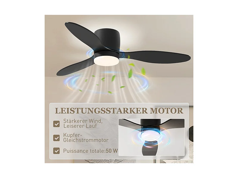 Ventilateur de plafond noir - Ventilateur de plafond avec lumière LED et 3 pales - 6 vitesses - pour chambres