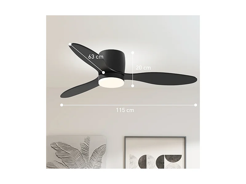 Ventilateur de plafond noir - Ventilateur de plafond avec lumière LED et 3 pales - 6 vitesses - pour chambres