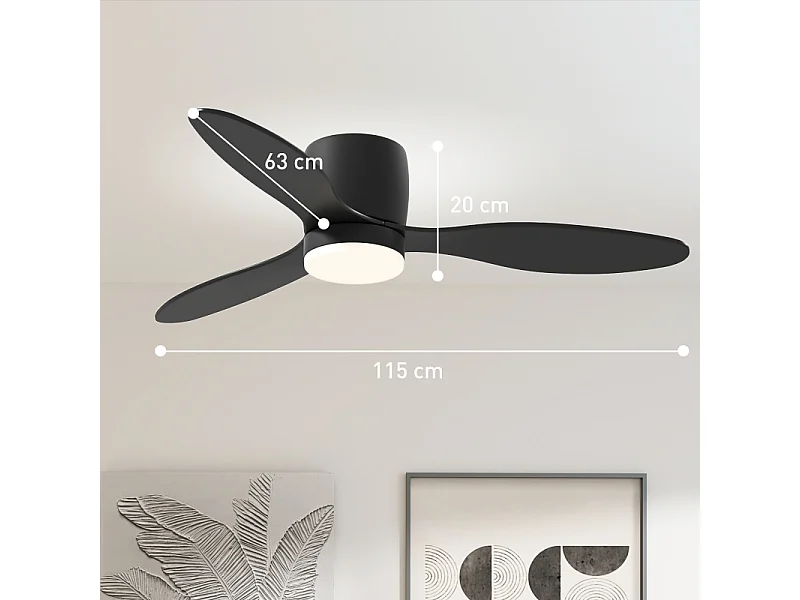Schwarzer Deckenventilator - Deckenventilator mit LED-Licht und 3 Flügeln - 6 Geschwindigkeiten - für Schlafzimmer