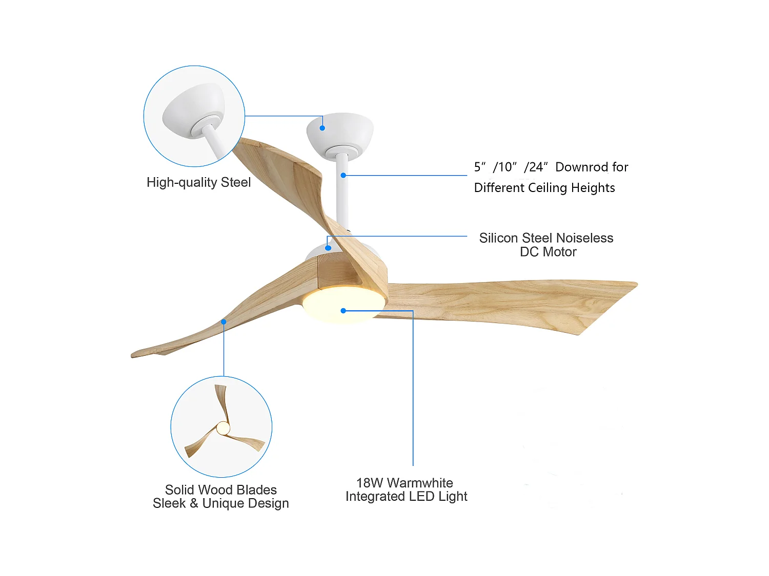 Ventilatore da soffitto singolo da 52 pollici --- Ventilatore da soffitto a 6 velocità con telecomando - per soggiorno e camera da letto