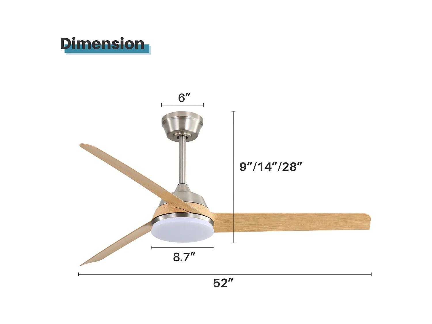 Ventilateur de plafond noir 20 pouces – Ventilateur de plafond avec 7 pales en ABS et télécommande – 6 vitesses – pour maison de campagne