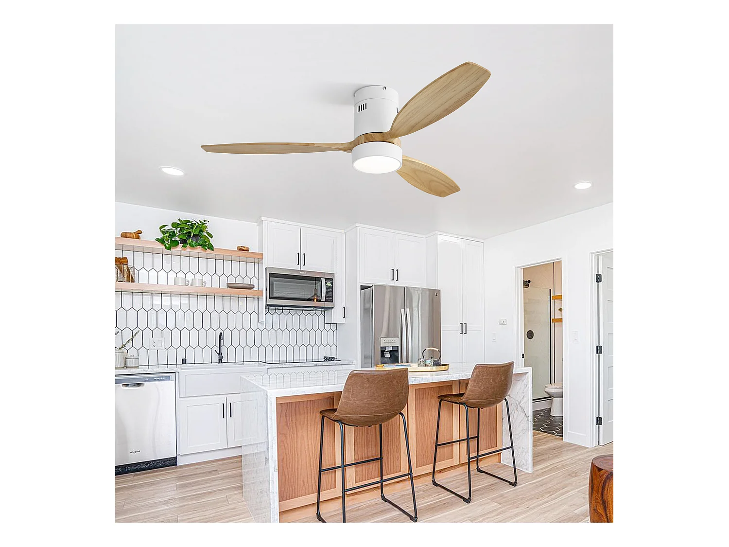 52 Zoll weißer Deckenventilator - Deckenventilator mit LED-Licht und Fernbedienung - 3 flügel aus massivholz - für das wohnzimmer