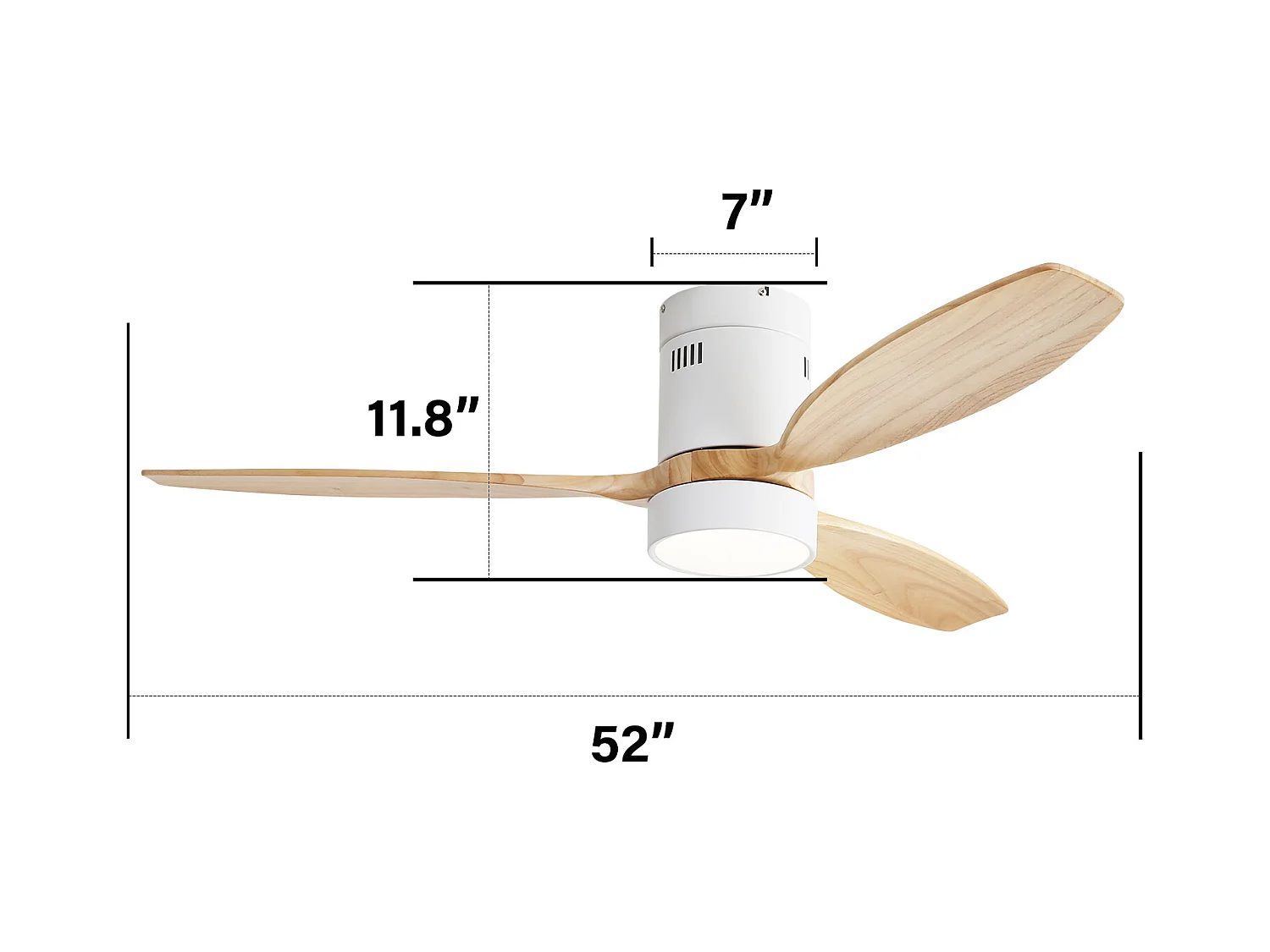52 Zoll weißer Deckenventilator - Deckenventilator mit LED-Licht und Fernbedienung - 3 flügel aus massivholz - für das wohnzimmer
