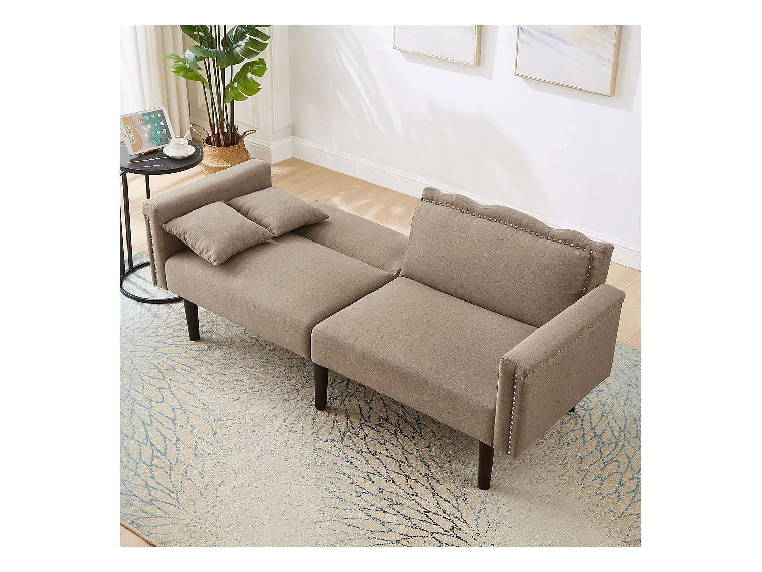 Canape 2 places marron - Canapé avec dossier réglable et 6 pieds en bois - pour salon et chambre