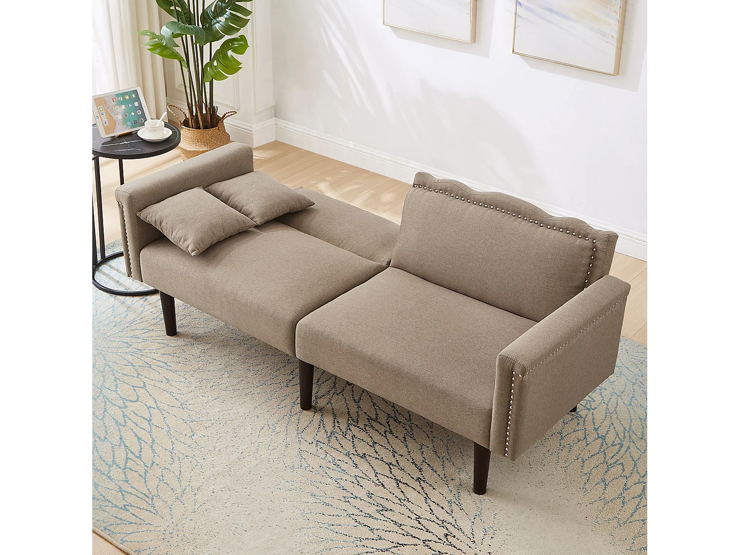 Canape 2 places marron - Canapé avec dossier réglable et 6 pieds en bois - pour salon et chambre