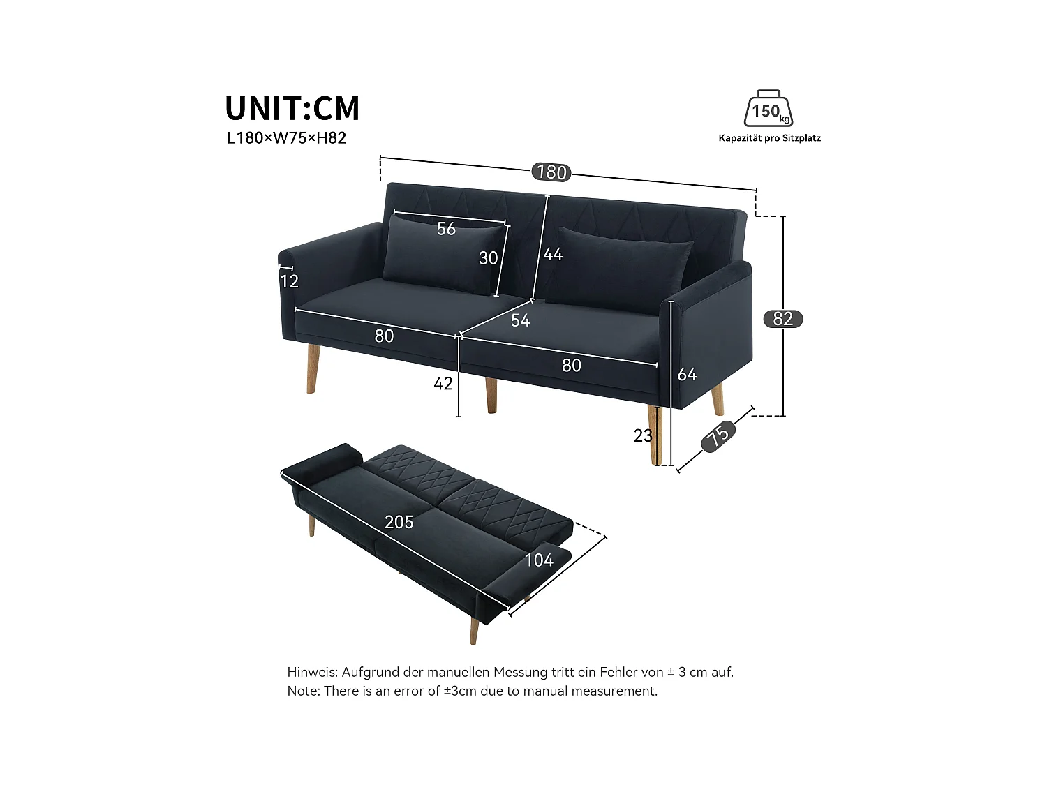 Canape 2 places gris foncé - Canapé avec pieds et accoudoirs en bois - convient au salon et à la chambre