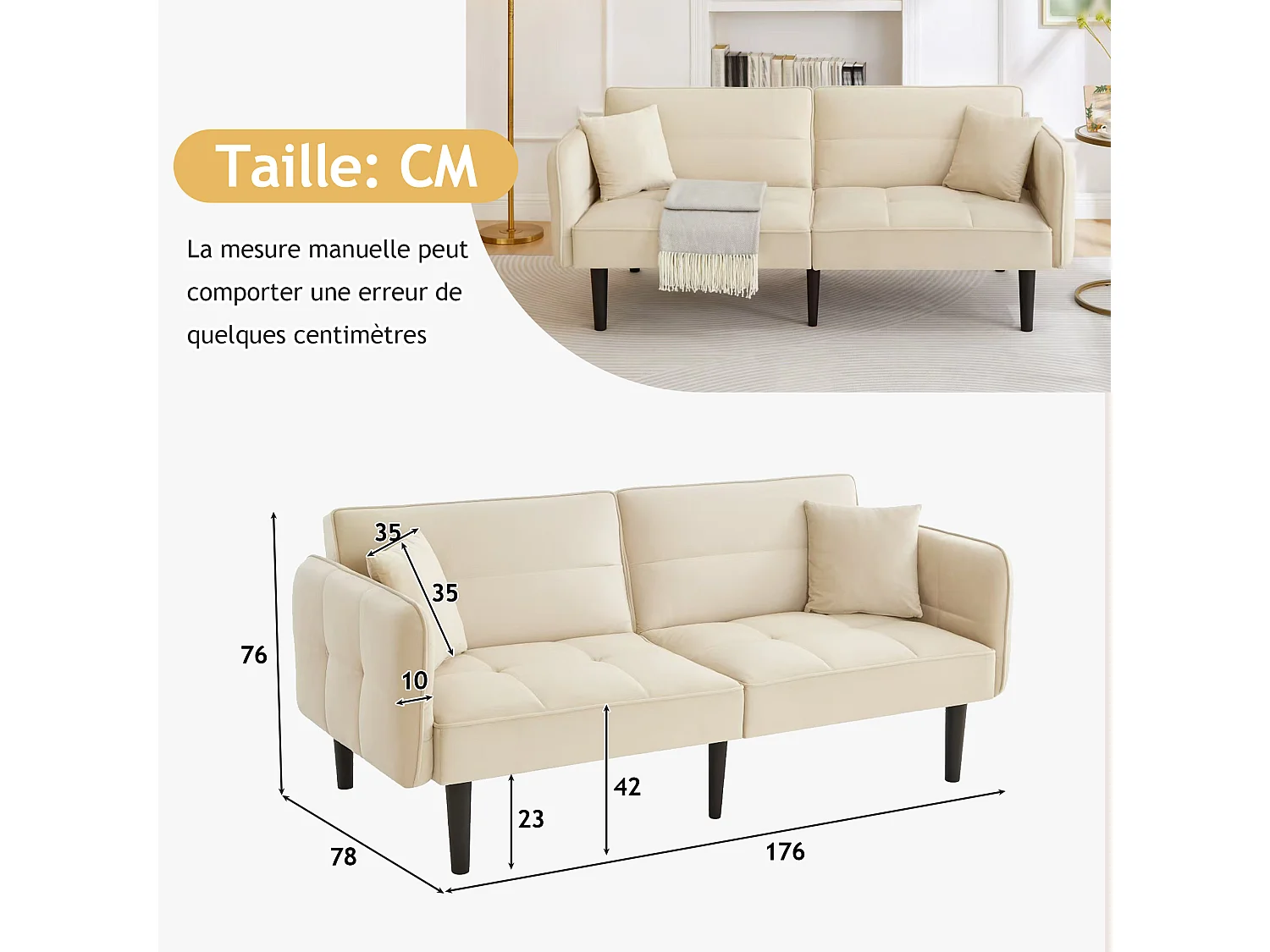 Canapé relaxation beige - Canapé avec accoudoirs rabattables et 2 coussins - six pieds en bois massif - pour salon et chambre