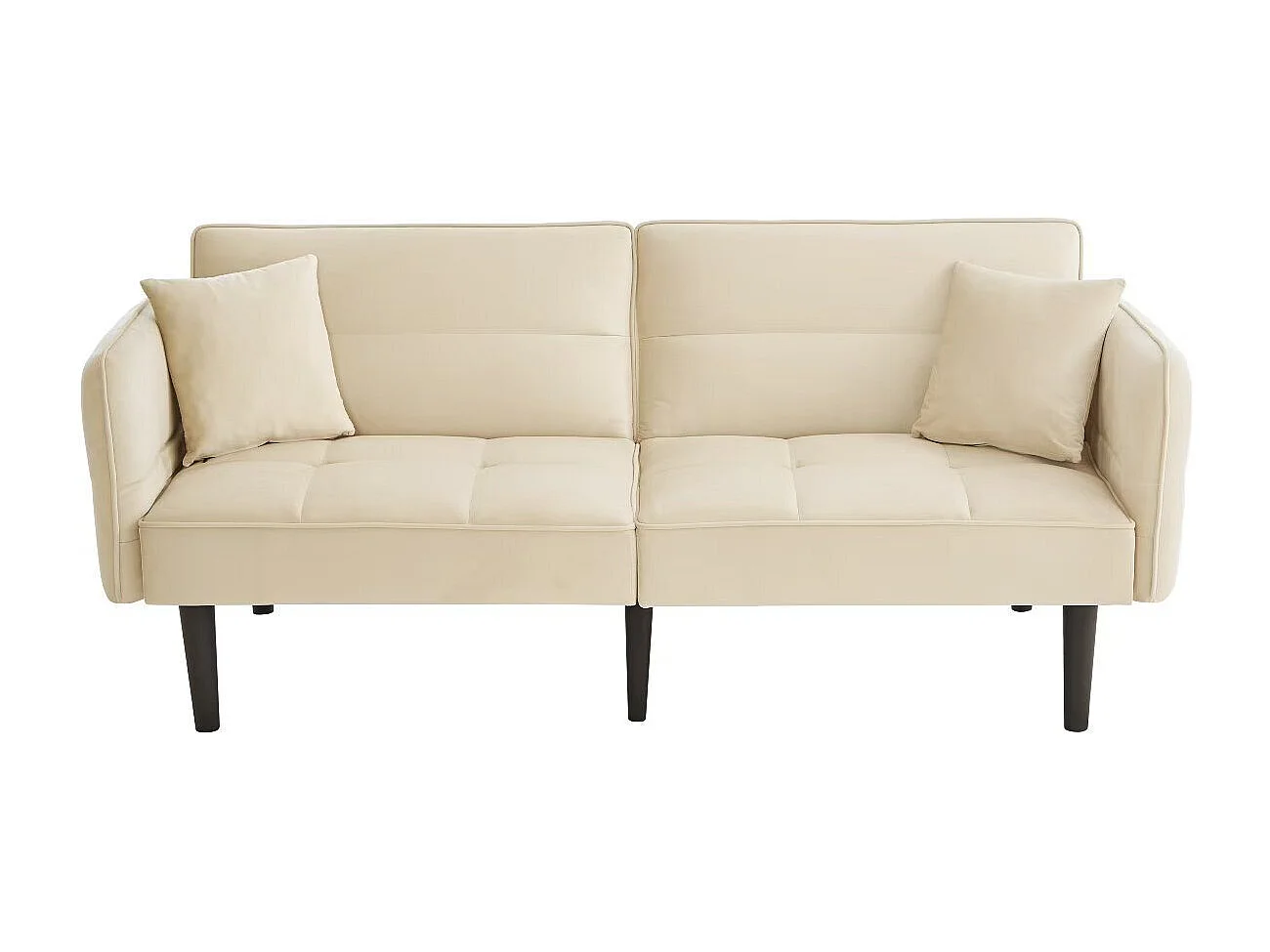 Canapé relaxation beige - Canapé avec accoudoirs rabattables et 2 coussins - six pieds en bois massif - pour salon et chambre