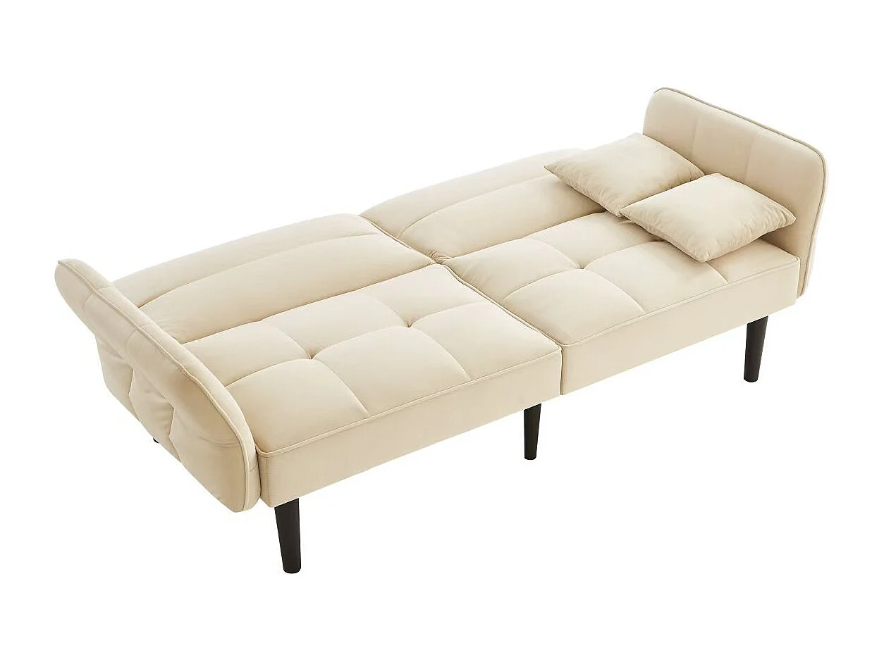 Canapé relaxation beige - Canapé avec accoudoirs rabattables et 2 coussins - six pieds en bois massif - pour salon et chambre