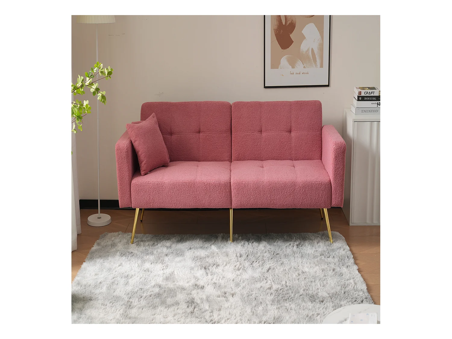 Canapé relaxation rose - Canapé avec coussins et poches de rangement - pieds dorés - pour salon et chambre