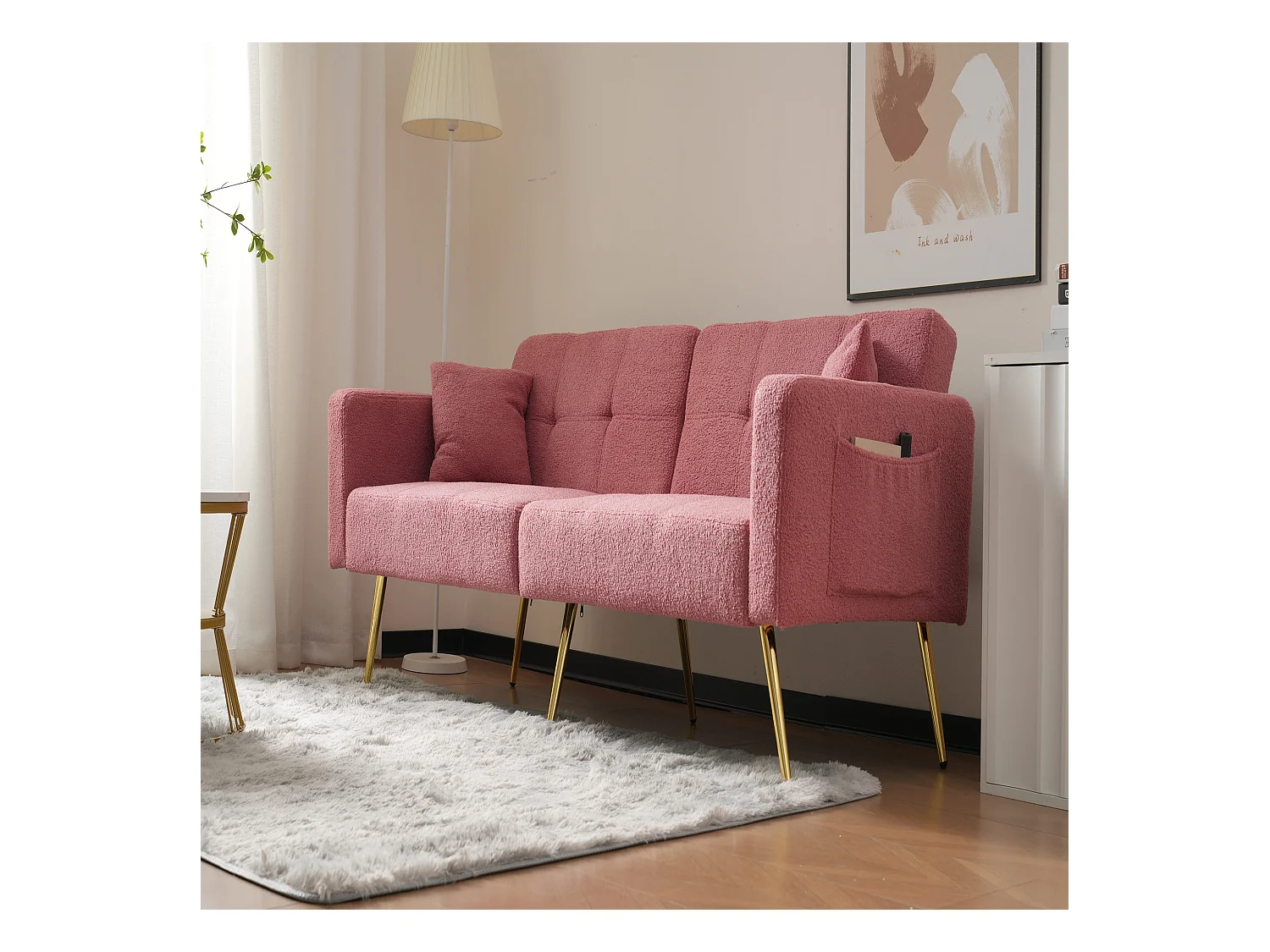 Canapé relaxation rose - Canapé avec coussins et poches de rangement - pieds dorés - pour salon et chambre