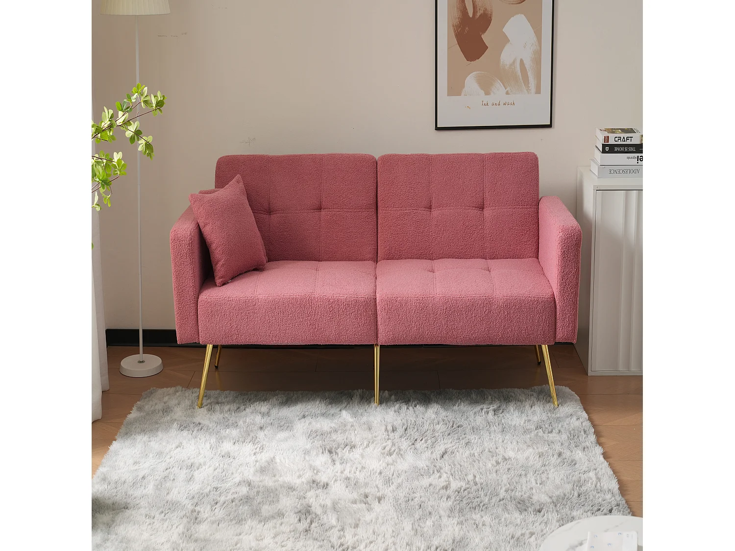 Canapé relaxation rose - Canapé avec coussins et poches de rangement - pieds dorés - pour salon et chambre