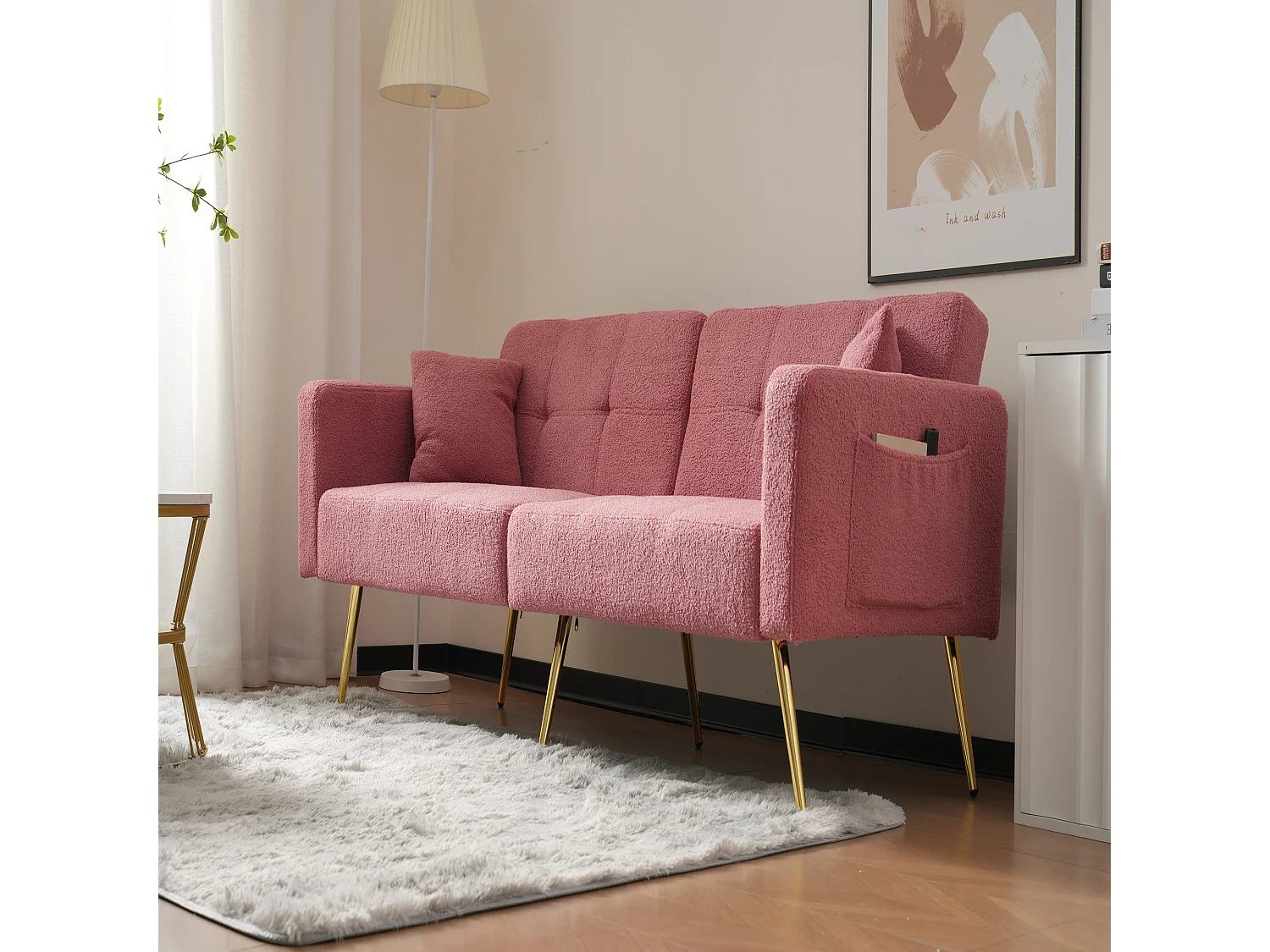 Canapé relaxation rose - Canapé avec coussins et poches de rangement - pieds dorés - pour salon et chambre