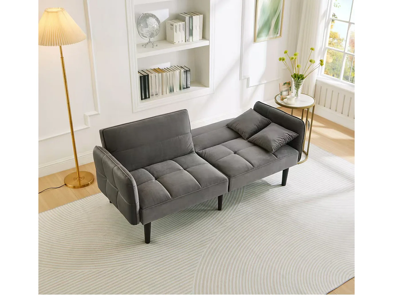 Canapé relaxation gris - Canapé avec accoudoirs rabattables et 2 coussins - six pieds en bois - pour salons et chambres