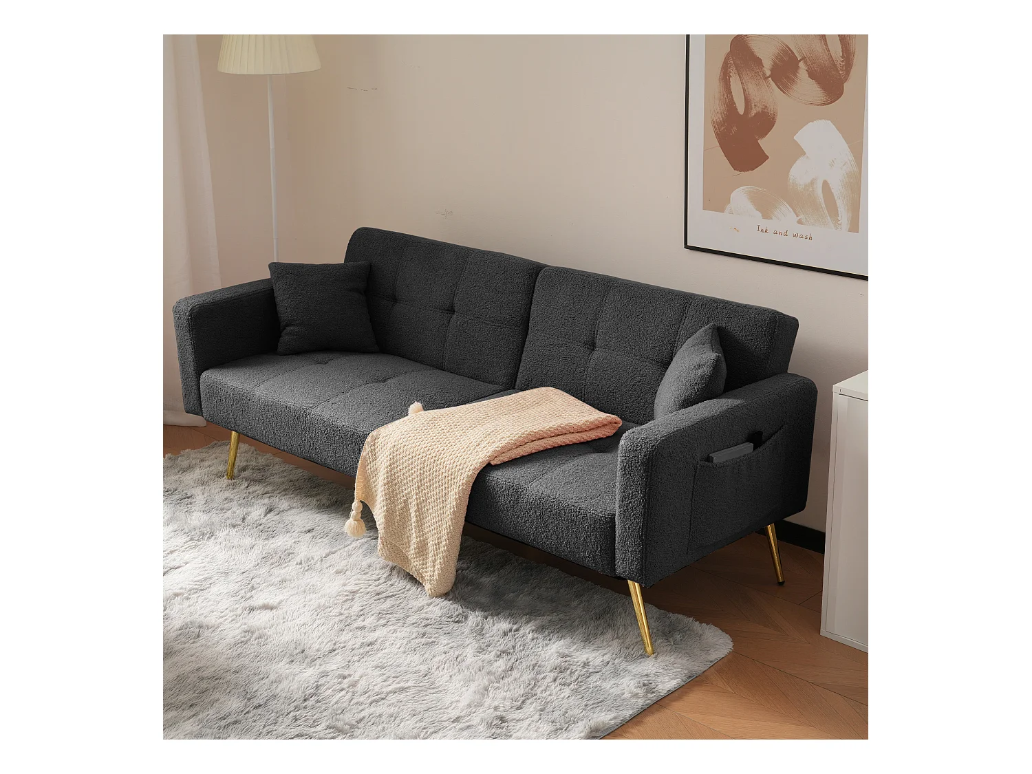 Canapé relaxation gris - Canapé avec coussins et poches de rangement - pieds dorés - pour salon et chambre