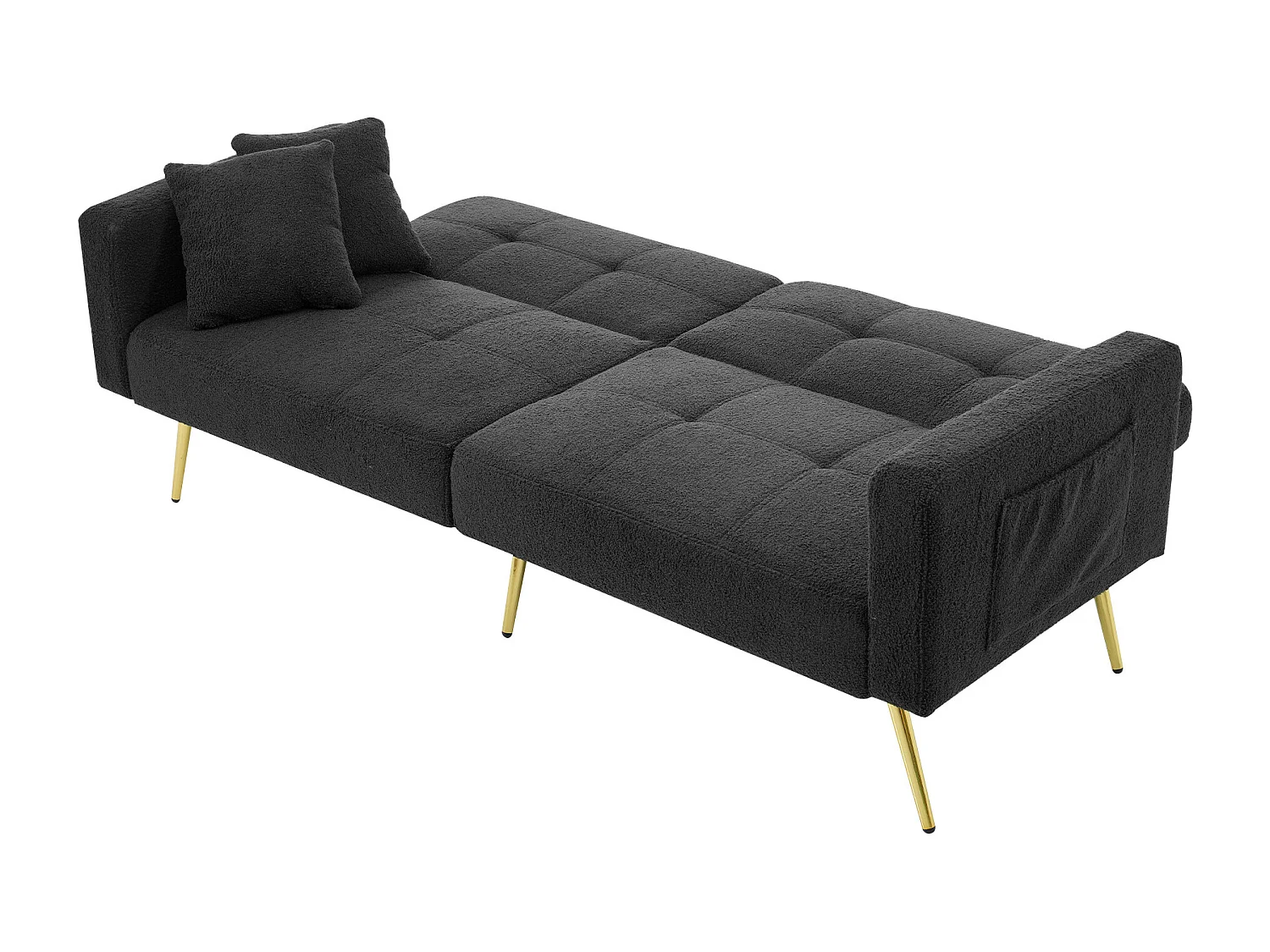 Szara sofa relaksacyjna - sofa z poduszkami i kieszeniami do przechowywania - złote nogi - do salonu i sypialni